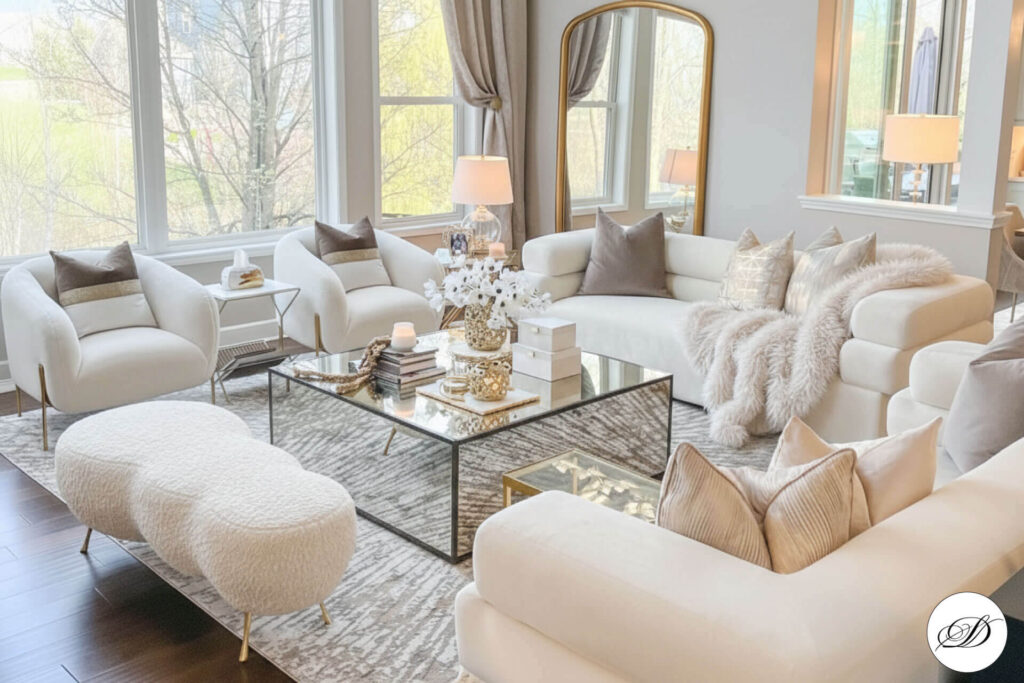 A luxurious and bright living room is decorated in a neutral, monochrome palette of white, cream, and beige. The space features two cream-colored bouclé slipper chairs and a matching textured ottoman. A large, plush sectional sofa is covered with throw pillows in varying textures and shades of beige and a soft, fluffy blanket. The centerpiece is a large, square mirrored coffee table with gold accents, topped with decorative items like vases of white flowers, candles, and books. The room is anchored by a patterned area rug and has large windows that let in ample natural light. A large, ornate gold-framed mirror leans against the far wall.
